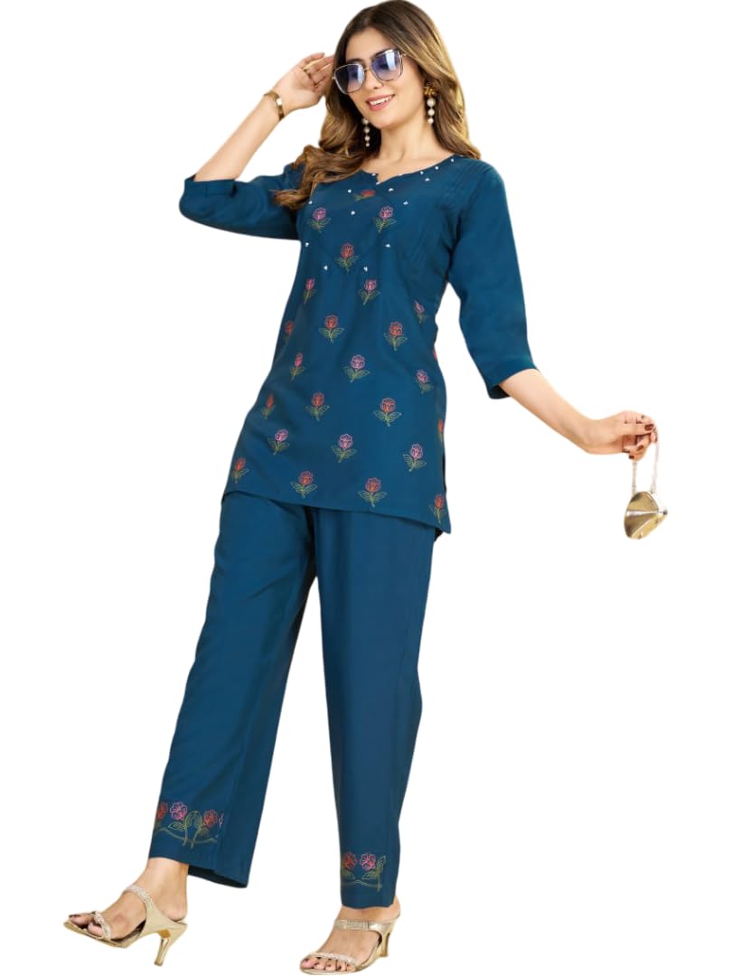 alloria Women Pure Rayon Floral Embroidered Co-Ord Set | Notch Neck Straight Tunic with High Waist Wide Leg Parallel Pants | Elegant Indo Western Matching Twin Set Dress-picture-46