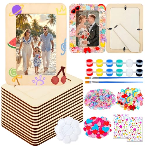 Picture Frame Painting Craft Kit 12 Pack Unfinished Wooden Picture Frames 4 x 6 Inch with Pearl Resin Diamond and Foam Stickers for DIY Paint and Decorate Craft Birthday Wedding Gifts