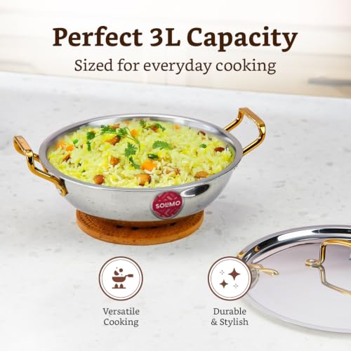 Image of Amazon Brand - Solimo Premium Triply Stainless Steel Kadhai 24cm (2.5L) | SS Lid | Even Heating | Gas & Induction Compatible | Dishwasher Safe | Food Safe SS 304 | Elegant Golden Handles | BIS Certified