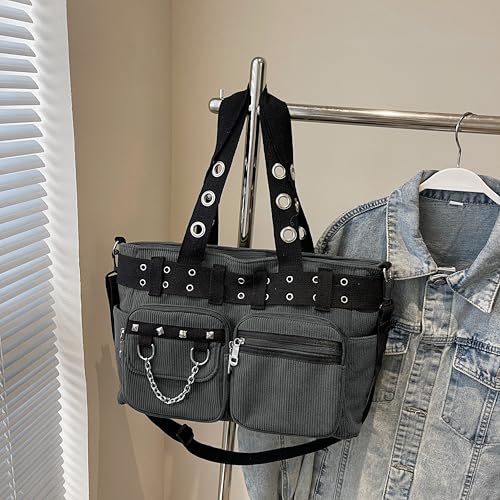 Image of Tote Bag for Women, Corduroy Gothic Purse Goth Bag with Zipper for College, Work, Travel, Gym
