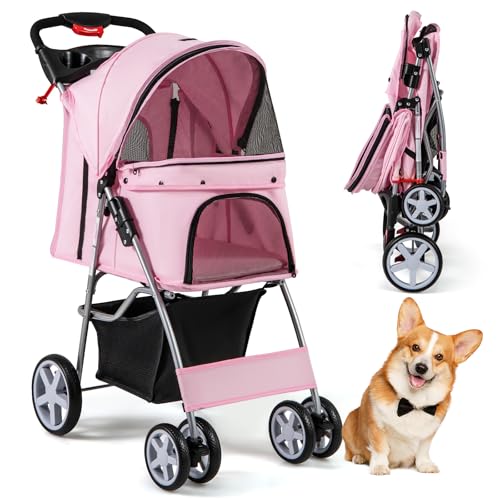 COSTWAY Passeggino per Cani, Carrozzina per Cani Pieghevole Fino a 15 kg, 4 Ruote con Finestra a Rete Porta Bicchiere e Cesto, Passeggino Portatile per Animali Piccola e Media (Rosa)