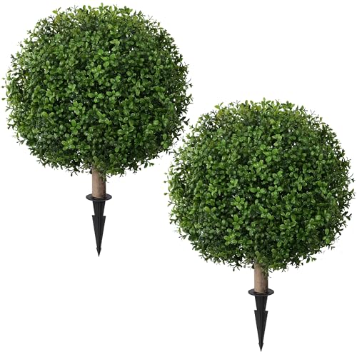 FancyPlus Artificial Boxwood Topiary Ball Trees for Outdoor Set of 2 Fake Plant Bushes with Ground Spike UV Resistant Faux Shrubs for Garden Front Porch Green