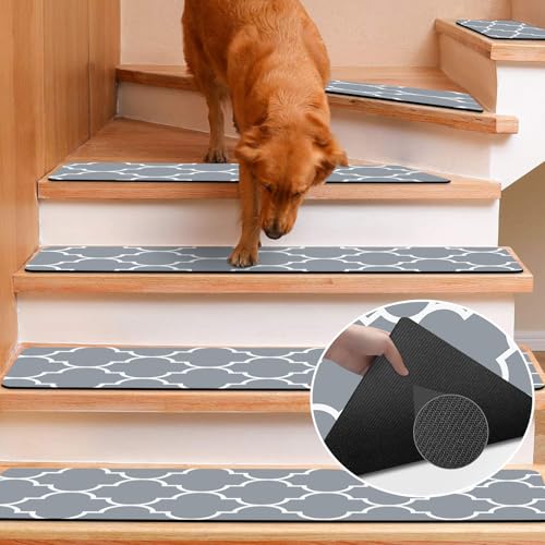 Image of Rubber Carpet for Stairs, 15 Pack Non Slip Stair Treads Indoor for Wooden Steps, 30x8 Inch Reusable Staircase Runner Safety Step Carpet Treads for Wood Stairs, Lantern Grey