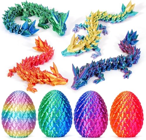 Linktour 4PCS 3D Printed Dragon Egg Mystery Egg Articulated Crystal Animals Fidget Toy for Kis Boy Girls 3D Print Small Dinosaur Eggs Toy Mythical Pieces Dragon in Egg (4 Pack-C)
