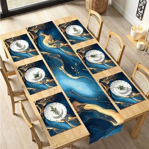 7-Piece Elegant Blue & Gold Marble Table Runner and Placemat Set – Abstract Art Design – Includes 1 Table Runner (13