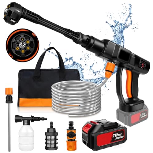 Cordless Pressure Washer,21V 45 Bar/652 PSI Portable Pressure Washer with 3.0Ah Battery,6-in-1 Adjustable Nozzle,16.4FT Hose Pressure Cleaner for Car/Floor/Garden Cleaning & Watering