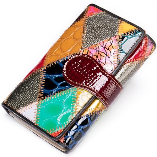 Wallet Women, Elegant Ladies Handmade Bag Short Wallet Colorful Splicing Coin Purse Multi Card Position Head Layer Cowhide Money Clip (4203Lacquered Leather Diamond)