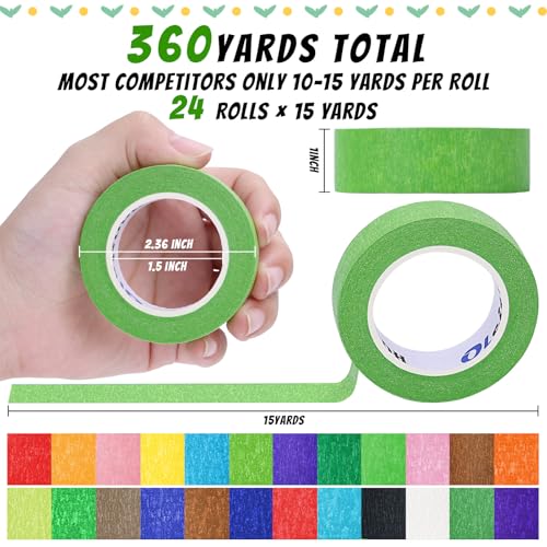 Image of 24 Rolls Colored Masking Tape Bulk for Art, 1 inch x 1080 FT (360 Yards) for Crafts, Labeling, DIY Decorative, Colored Painters Tape, Rainbow Colors Tape for General Use Projects, Easy Tear No Residue