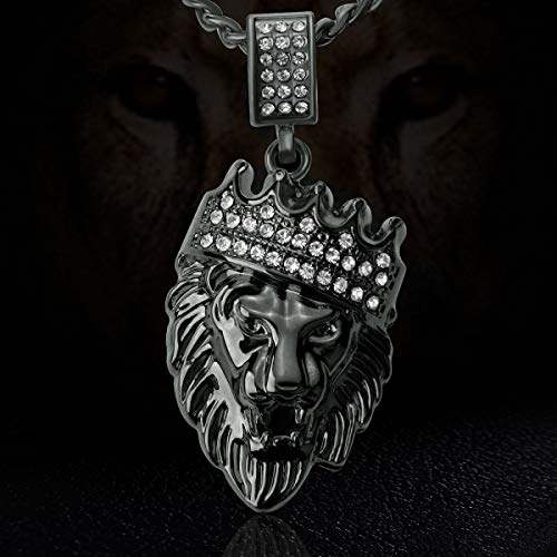 Suweibuke Crown Lion Head Pendant Necklace Iced Out Clear Rhinestones Curb Cuban Chain Stainless Steel Necklace Jewelry Gift2