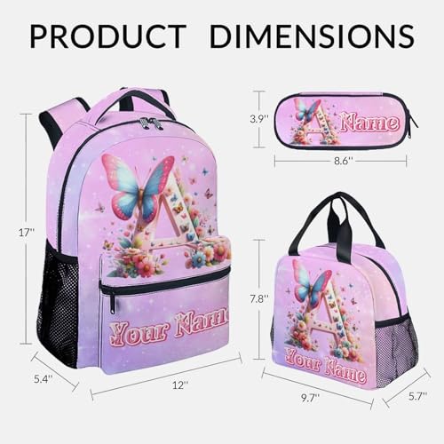 Backpack with Lunch Box for Girls, Personalized Butterfly Backpacks for Women Teens, 17 Inch Cute Kids Bookbag with Pencil Case, Custom Initial Name Bookbags for School2