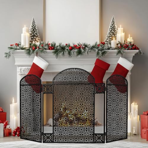 Image of Hogardeck Fireplace Screen, 48 inch x 30 inch Decorative Fireplace Cover, 3 Panel Wrought Iron Fire Place Gate for Living Room, Baby Proof, Brick Fireplace, Pet Safety