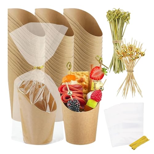 Vasos de charcutería con bolsas, soportes para aperitivos de 14 onzas, 50 vasos de papel duraderos con 50 bolsas transparentes y 200 púas de madera, palomitas de maíz ecológicas, perfectas para