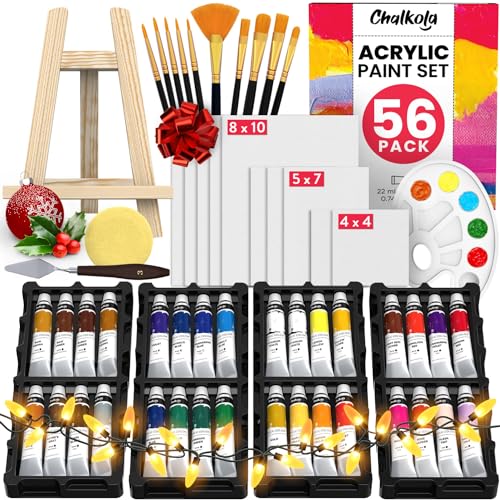 Chalkola Acrylic Paint Set for Adults & Kids - 56 Pcs Canvas Painting Kit with 32 Paints (22ml), 10 Brushes, 10 Canvases, Tabletop Easel, Palette, Knife - Professional Craft & Art Painting Supplies