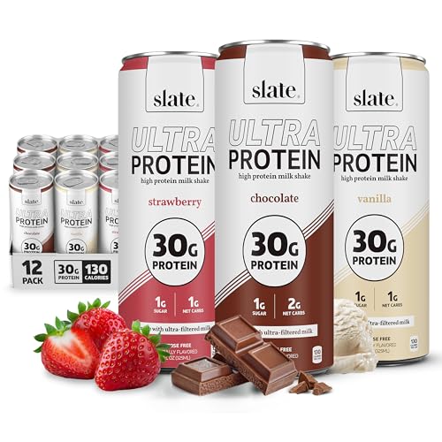 Image of Slate Milk Ultra High Protein Milk Shake (Neapolitan Pack) Chocolate, Vanilla, & Strawberry - 30g Protein, 1g Sugar, 130 Calories, 1-2g Net Carbs - No Added Sugar - Lactose Free - 11 fl oz, 12 Cans