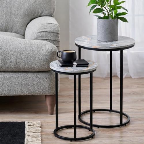 Image of Brown Arts Shoppee Round Nesting Tables Simple Modern Small Round Table MDF Top Metal Table Living Room Sofa Set of 2 (Black Grey)