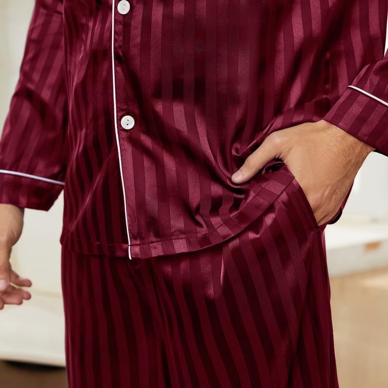 Image of U2SKIIN Silk Pajamas for Men, Long Sleeve Men Satin Pajamas Set Striped Button Down 2-Piece Pjs Set