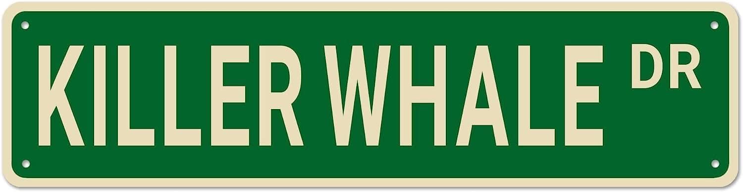 peiyeety Vintage Metal Tin Sign Killer Whale Dr Retro Street Sign, Rustic Wall Decor for Home, Wildlife Decor, Man Cave, Garage, Kitchen, Office, Farmhouse, Patio, Garden, Porch, 4 * 16 inch