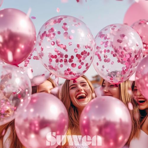 Image of SUWEN Pink Metallic and Confetti Balloons Set 47PCS Hot Pink Latex