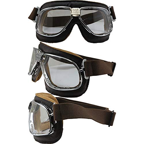 Pacific Coast Sunglasses Nannini Rider Padded Motorcycle Goggles Hand-Sewn Brown Leather Chrome Frames Clear Anti-Fog Lens