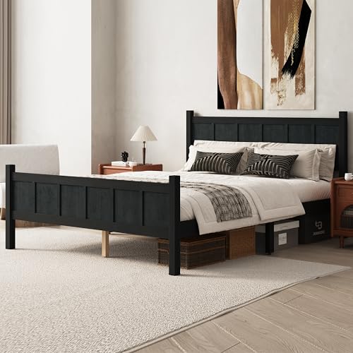Image of Queen Size Vintage Bed Frame with Headboard, Farmhouse Wooden Platform Bed with Under-Bed Storage, Minimalist Modern Wood Grain Finish Bedframe for Bedroom (Black)