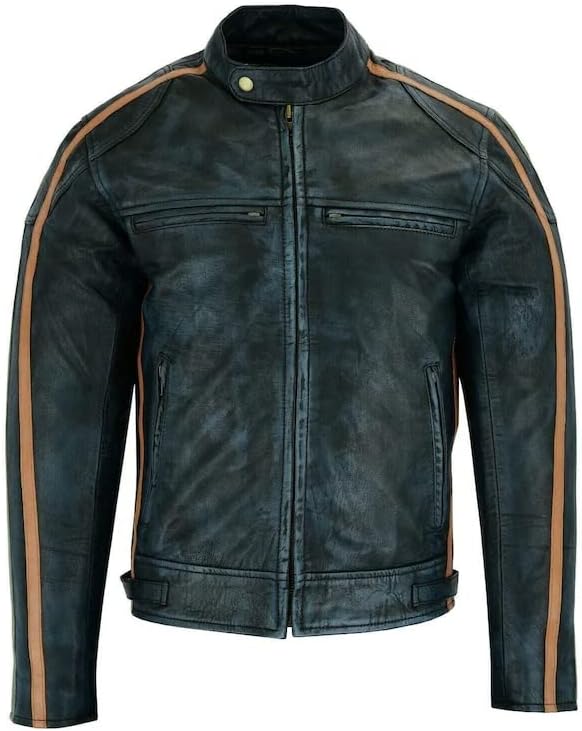 Chaqueta de motocicleta a rayas de cuero real resistente negro envejecido Cafe Racer Retro II para hombre