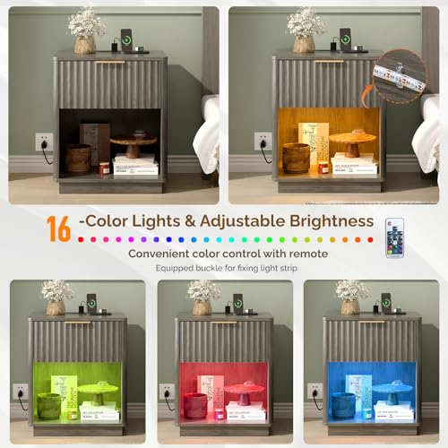 Image of VINGLI Night Stands Set 2 with Charging Station, LED Nightstand Fluted with Rounded Edge, 19 inch W Mid Century Modern Nightstand for Bedroom, Fluted Night Stand /End Table /Bed Side Table, Grey