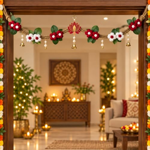 Image of Akaar Decor Artificial Marigold Door Hanging Toran | Diwali Decoration Items for Home Decor| Festive Decor| Office Decor| -(L:Approx. 2.5ft) (Crochet Bandhanwar Yellow Red)