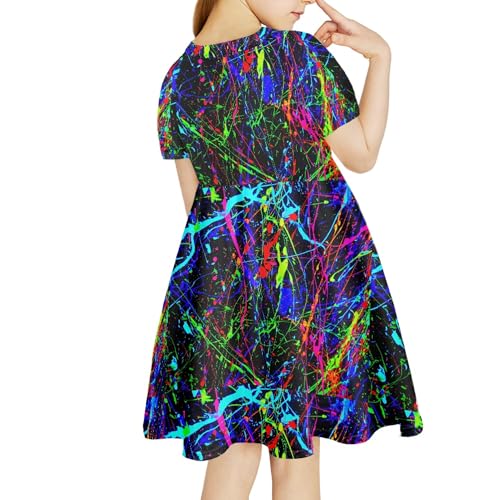 Girls Tie-Dye Dress Neon Rainbow Paint Dresses Galaxy Sundress Short Sleeve Casual Play 4-14Y4