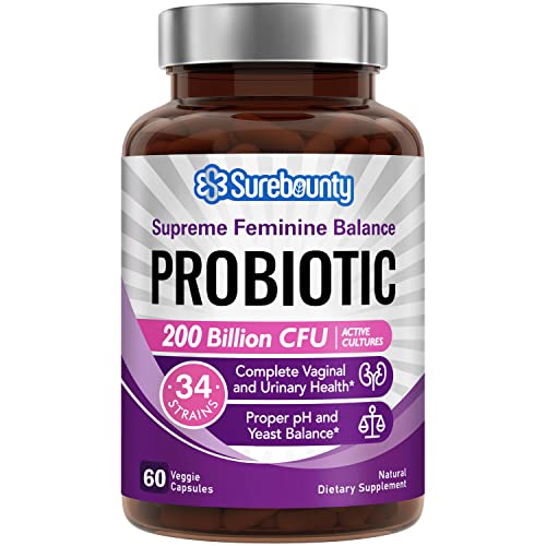 Surebounty Women's Probiotic, 200 Billion CFU + 34 Strains, Prebiotics + Digestive Enzymes + Cranberry, Complete Vaginal & Urinary Tract Health, Maintain pH & Yeast Balance, Supreme Support, 60 Caps