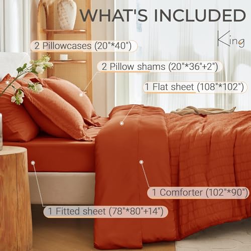 MUXHOMO 7 Pieces King Comforter Set, Seersucker Bed in a Bag King Size, All Season Luxury Bedding Set with Comforter, Flat Sheet, Fitted Sheet, Pillowcases & Shams, Burnt Orange
