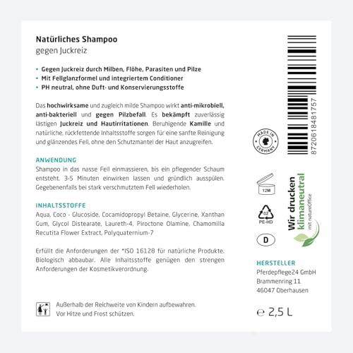 PFERDEPFLEGE24 Pferde Shampoo Anti Juckreiz 2,5l - Juckreiz lindern & Haut regenerien - Natürliches Pferdeshampoo gegen Juckreiz, Milben, Pilz-, Floh & Parasiten