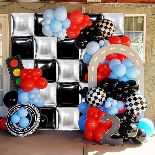 Image of TONIFUL Square Foil Balloon Wall 30pcs Black and Silver Pink Double Sided Mylar Square Balloon Garland Kit Balloons Background Arch for Checkered Racing Car Birthday New Years Decorations