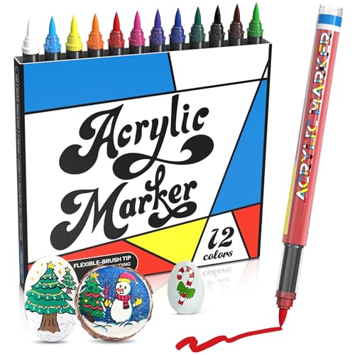 Nesayerk Pennarelli Acrilici per Dipingere Sassi, 12 Colori Acrylic Paint Marker Impermeabili Brush Pen per Dipingere Sassi, Pietre, Tessuto, Vetro, Legno, Ceramica, Plastica, DIY Artistiques Nesayerk Pennarelli Acrilici per Dipingere Sassi, 12 Colori Acrylic Paint Marker Impermeabili Brush Pen per Dipingere Sassi, Pietre, Tessuto, Vetro, Legno, Ceramica, Plastica, DIY Artistiques