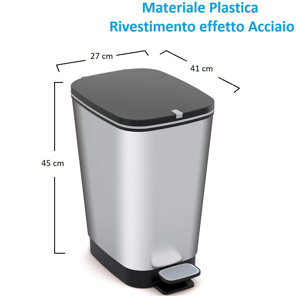 PALUPLUS Pattumiera da Cucina in Plastica Effetto Acciaio, Misura 27x41x45 cm, Capacità 35 Litri, Pedale per Apertura Automatica, Gommini Antiscivolo, Coperchio Anti Odori -329C