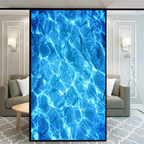 Xijier No Glue Decorative Privacy Frosted Window Film Blue Water Surface Pattern Glass Door Window Covering Window Decals Window Sticker for Home Office 60x90cm(23.6