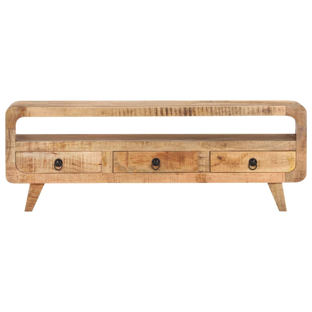 Hothingwell Szafka pod telewizor z litego drewna mango surowe 117x30x41 cm | 3 szuflady, 1 przegródka, miejsce na DVD i konsole, unikalne dzięki naturalnym smugom
