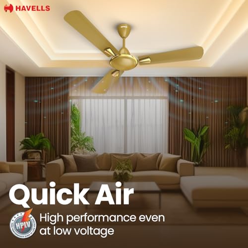 Image of Havells Quickair 1200mm Ceiling Fan, High-Speed, Energy Efficient & Silent Operation with Modern Design, Ideal for Bedrooms | 2 Years Manufacturer Warranty | Desert Gold