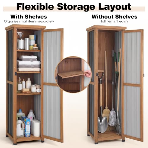 Image of PetsCosset 62 inch H Outdoor Corner Storage Cabinet with Lockable Doors, Outdoor Indoor Small Storage Cabinet with Metal Top, 3 Adjustable Shelves for Patio, Porch, Entryway or Small Spaces
