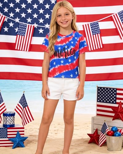 Image of DDSOL Girls July 4th Crop Tops Patriotic Shirt American Flag Short Sleeve Tshirts for Girl 6-14 Years