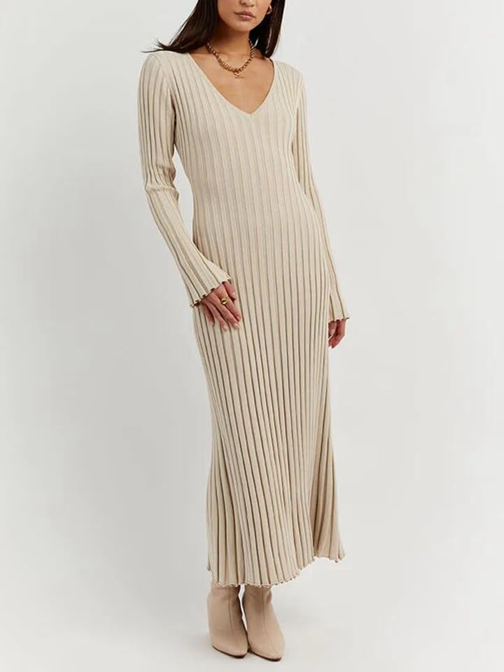 Image of Women's Long Knit Crewneck Sweater Dress Tie Waist A-Line Swing Pleated Bodycon