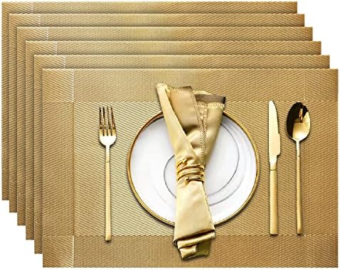 Placemats Set of 6, Table Placemats, Heat Resistant Woven placemats,Washable PVC Place Mats, Woven Vinyl Placemats, Non-Slip Stain Resistant Kitchen Table Placemats Easy to Clean (Gold)