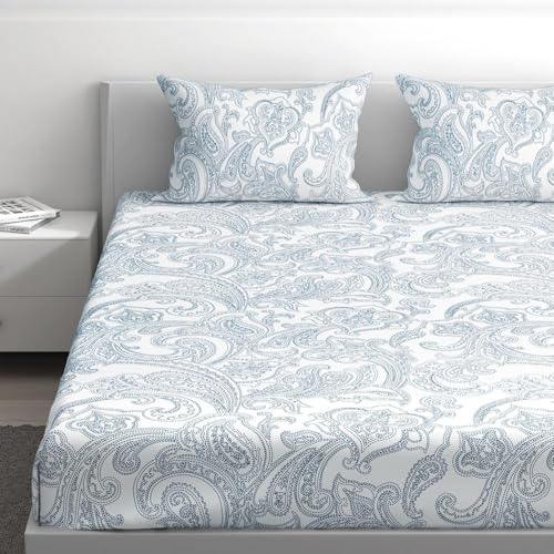 Image of Wakefit Cotton Fitted Bedsheet | 200 TC Elastic Fitted Sheet, Queen Bed Bedsheet with 2 Pillow Covers | Paisley - 75X60 Inches,Assorted