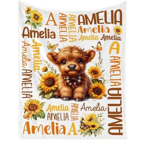 Image of Personalized Cow Sunflower Blanket, Custom Cow Gifts for Kids Adults, Soft Flannel Throws with Floral Print Decoration,40 inchx50 inch