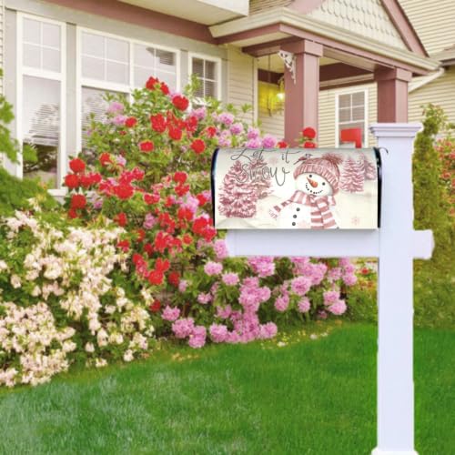 Image of Pink Snowman Mailbox Cover Magnetic- 25.5x21 Inch Large Size- Winter Pine Tree Bird Xmas Snowflake Waterproof Mailbox Wrap Post Cover for Yard Garden Outside Ourdoor Decor