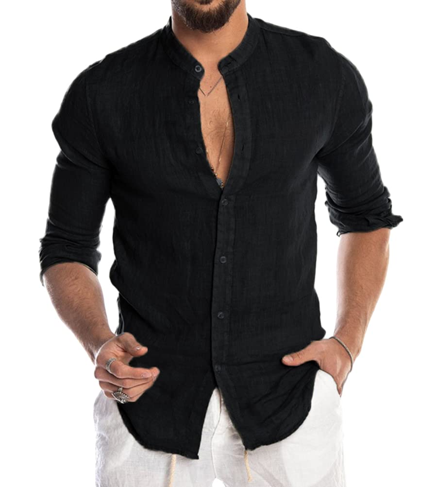 Tomwell Camisa para Hombre Manga Larga Slim Fit Camisa Lino Playa Casual para Hombre Respirable con Botones T-Shirt Verano Informal Camisa Ocio Blusa Retro Henley Camisas