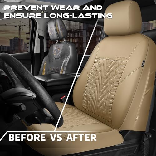 Image of CAR PASS Neoprene Waterproof Seat Covers Full Sets, Wetsuit Car Seat Covers 5 Seats Universal Fit for Vans, Truck, SUV, 3D Tyre Embossed Seat Covers Anti Slip with Armrests, Aibag Compatible All Beige