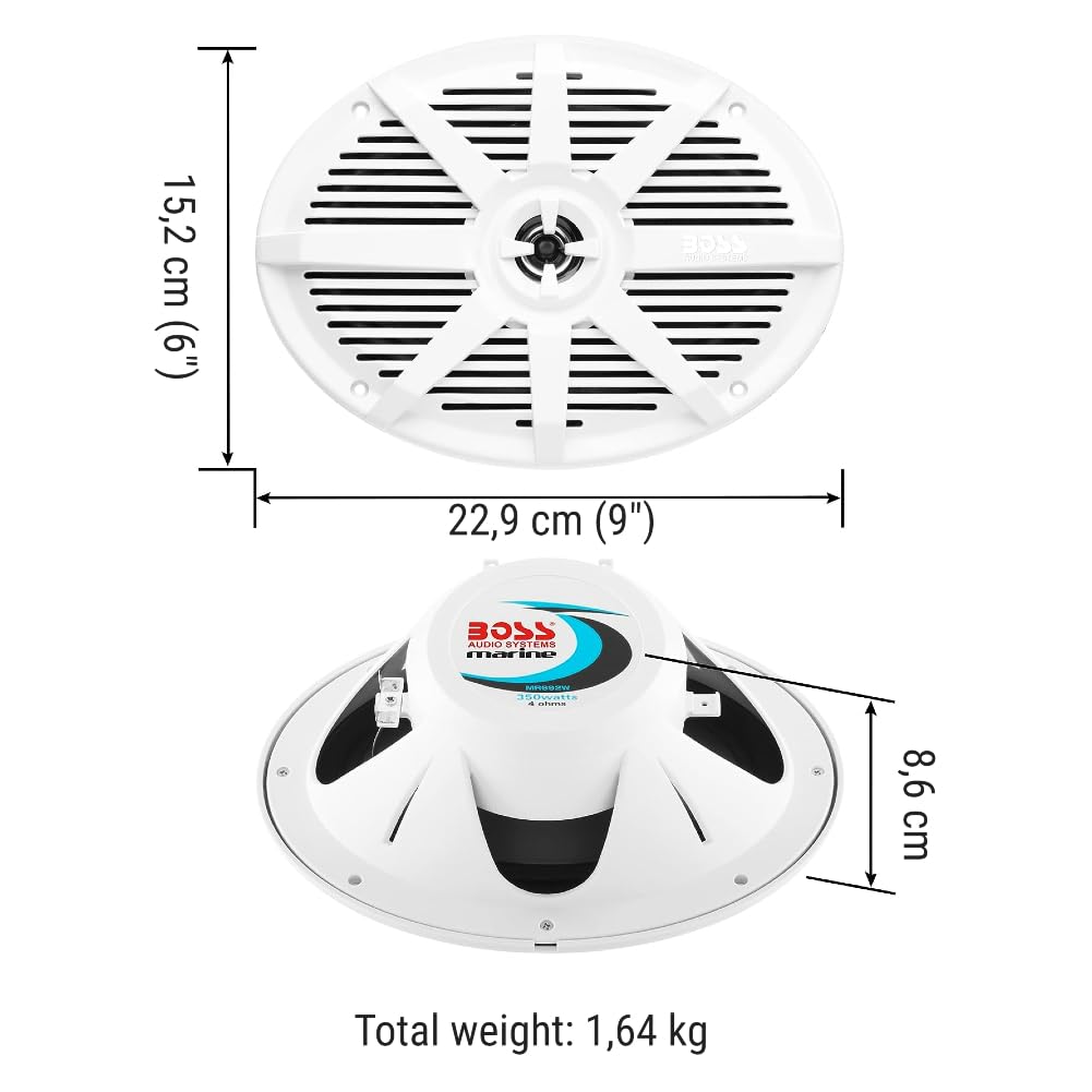 Kit Set para Boss Audio Systems MR692W Altavoces Marinos ovalados 2 vías, Blancos, 6 x 9 15 x 23 cm, 175 vatios rms 350 vatios máx, 4 ohmios, Resistentes Agua, mar, Piscina, Barco, Hotel, por Pares