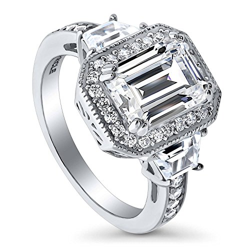 BERRICLE Sterling Silver Halo Wedding Engagement Rings Emerald Cut Cubic Zirconia CZ Statement Ring for Women, Rhodium Plated