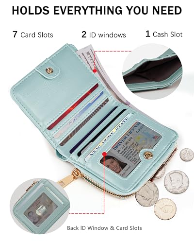 Image of Small Bifold Wallets Woman RFID Mini Wallet for Women Slim Card Holder with Zipper Coin Pocket & 2 ID Windows (Blue)