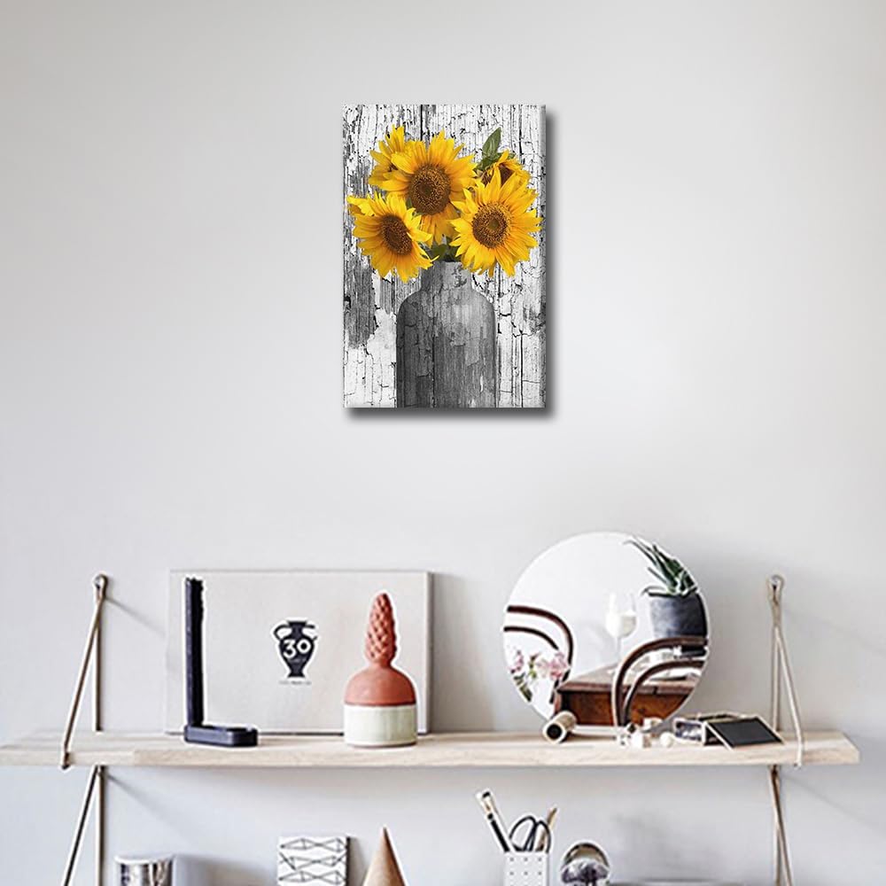 TISHIRON Rustic Yellow Sunflower in Vase Black and White Farmhouse Cottage Countryside Canvas Wall Art Prints Framed Picture Photo Painting Home Decor Ready to Hang 24"x16" - Image 4